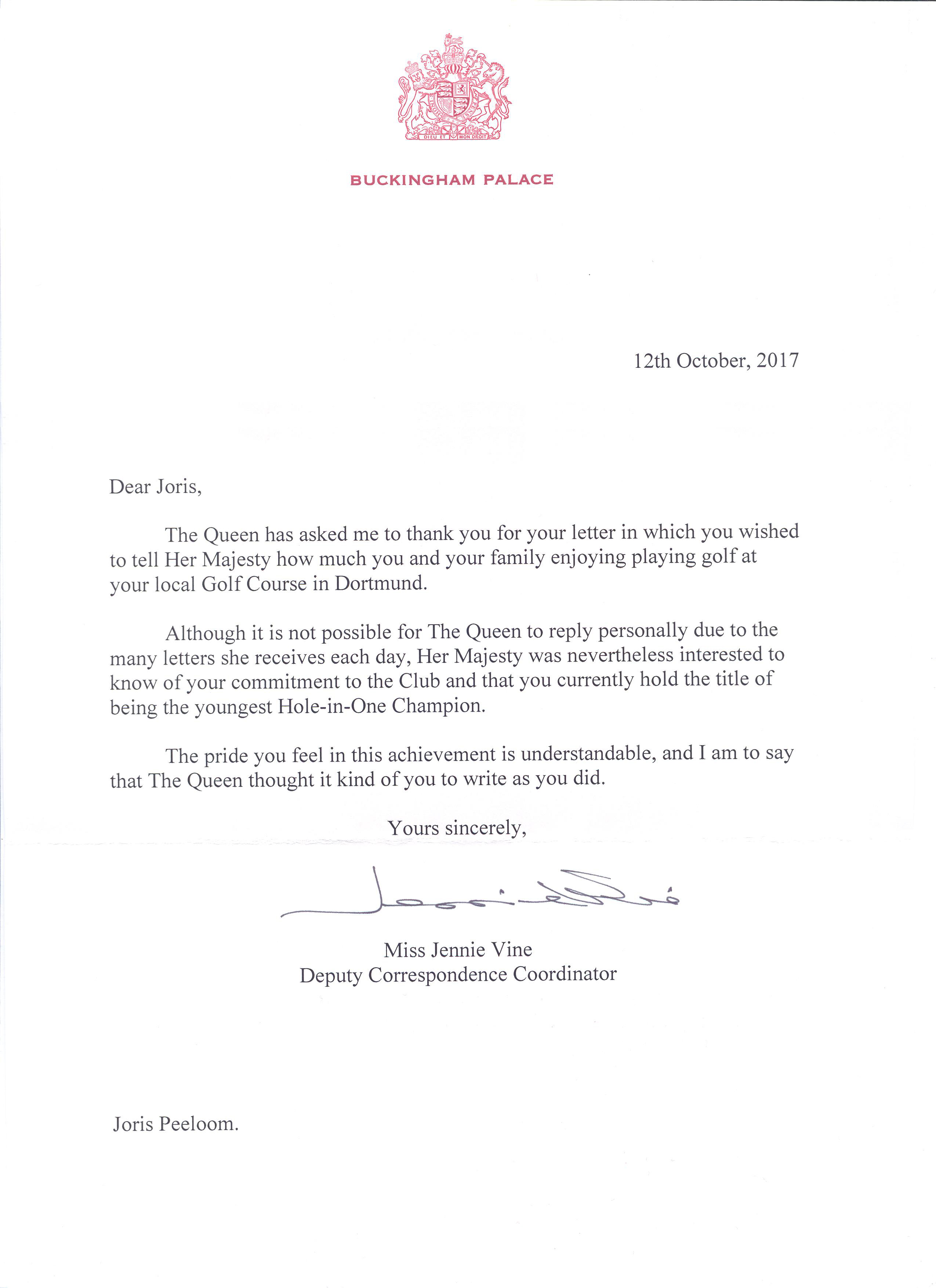 Brief aus Buckingham Palast für Joris