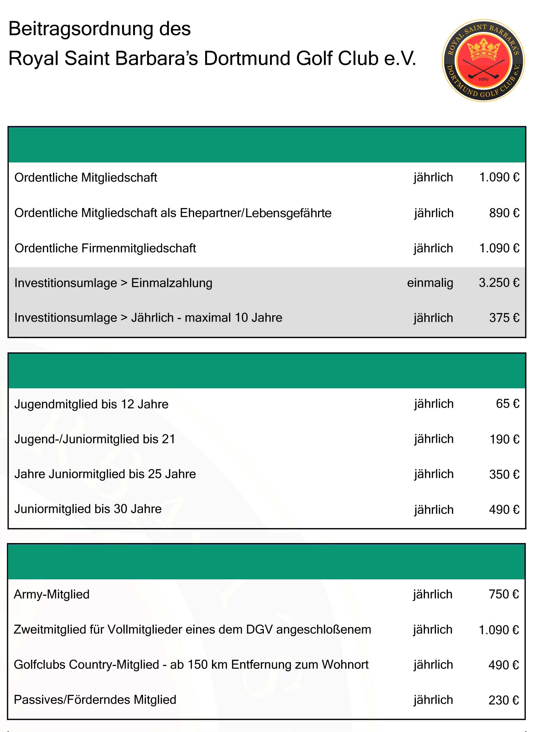 Beitragstabelle Mitgliedschaften Royal St. Barbara's Dortmund GC